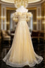 Gold Tulle Sequins Off the Shoulder Evening Prom Dress