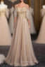 Gold Tulle Spaghetti Straps Appliques Beading Evening Prom Dress