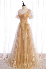 Gold Tulle V Neck Long Evening Prom Dress Gold Tulle Formal Dress