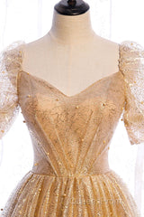 Gold Tulle V Neck Long Evening Prom Dress Gold Tulle Formal Dress