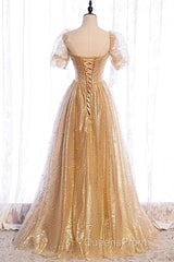 Gold Tulle V Neck Long Evening Prom Dress Gold Tulle Formal Dress