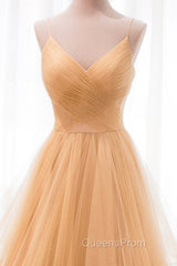 Gold V-Neck Tulle Long Evening Prom Dress, A-Line Evening Dress