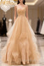 Gold V-Neck Tulle Long Evening Prom Dress, A-Line Evening Dress