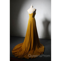 Goleden V-neckline Straps Long Party Dress with Leg Slit, Long Gold Evening Dress Evening Prom Dress