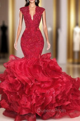 Gorgeous Beads Appliques Red Evening Prom Dress Ruffles Fit and Flare Alluring Evening Gowns
