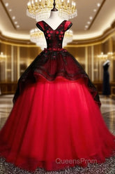 Gorgeous Black And Red Embroidery Quinceanera Dress, Lace Applique Tulle Gowns