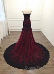 Gorgeous Black and Wine Red Mermaid Long Evening Gown Party Dress, Sweetheart Lace Evening Dress