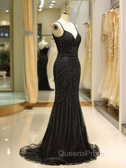 Gorgeous Black Evening Dress Mermaid Luxury Heavy Beaded Straps Long Evening Dress