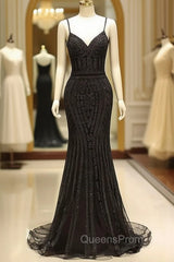Gorgeous Black Evening Dress Mermaid Luxury Heavy Beaded Straps Long Evening Dress