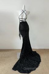 Gorgeous Black Sequin Mermaid Spaghetti Strap Vling Long Evening Prom Dress Backless Formal Evening Dress