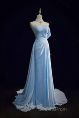 Gorgeous Blue A-Line Chiffon Pleated One Shoulder Slit Long Evening Gown Ball Gown Wedding Dress