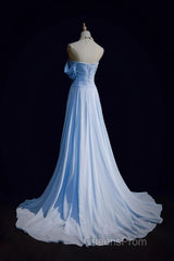 Gorgeous Blue A-Line Chiffon Pleated One Shoulder Slit Long Evening Gown Ball Gown Wedding Dress