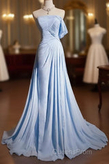 Gorgeous Blue A-Line Chiffon Pleated One Shoulder Slit Long Evening Gown Ball Gown Wedding Dress
