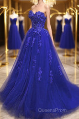 Gorgeous Blue Lace Floral Long Evening Prom Dress, Blue Appliques Formal Evening Dress, Blue Ball Gown