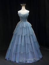 Gorgeous Blue Tulle Layers Beaded Long Wedding Party Dress, Blue Evening Gown