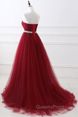 Gorgeous Burgundy Sweetheart Long Evening Prom Dress Tulle Crystal Evening Gown