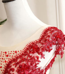 Gorgeous Champagne Tulle Long Sweet 16 Dress with Red Lace, Evening Gown