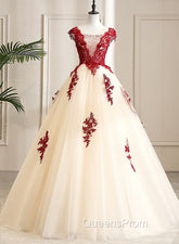 Gorgeous Champagne Tulle Long Sweet 16 Dress with Red Lace, Evening Gown