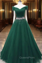 Gorgeous Dark Green Tulle Off Shoulder Long Party Dress, Evening Prom Gown