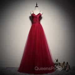 Gorgeous Dark Red Straps Tulle Long Party Dress, A-line Evening Dress