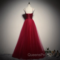 Gorgeous Dark Red Straps Tulle Long Party Dress, A-line Evening Dress