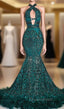 Gorgeous Halter Sleeveless Mermaid Evening Prom Dress Sequins Long With Feather Bottom