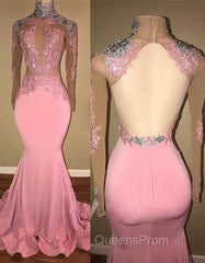 Gorgeous High-Neck Backless Pink Evening Prom Party GownsMermaid With Lace Appliques