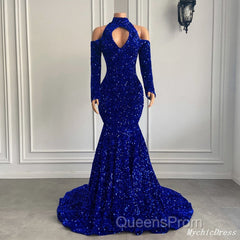 Gorgeous High Neck Long Sleeve Royal Blue Evening Prom Dress Sequins Party Dress