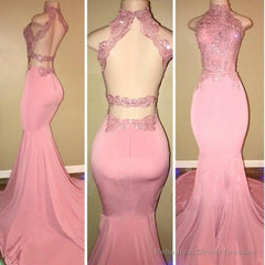 Gorgeous High Neck Pink Lace Prom Party GownsMermaid Long