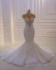 Gorgeous Long Mermaid High Neck Appliques Lace Crystal Tulle Wedding Dress