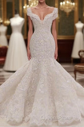Gorgeous Long Mermaid V-neck Appliques Lace Ruffles Wedding Dress