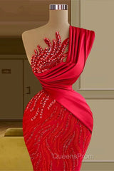 Gorgeous Long Red Mermaid One Shoulder Lace Sequined Sleeveless Evening Prom Dress