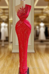 Gorgeous Long Red Mermaid One Shoulder Lace Sequined Sleeveless Evening Prom Dress
