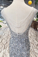 Gorgeous Mermaid Backless Silver Grey Sequins Evening Prom Dress, Mermaid Silver Grey Formal Dress, Shiny Silver Grey Evening Dress