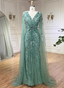 Gorgeous Mint Green Deep V Cape Beaded Sequin Tulle Long Classy Prom Dress