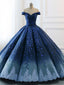 Gorgeous Navy Blue Lace Applique Off Shoulder A-line Ball Gown-Lace-Up Princess Classy Prom Dress