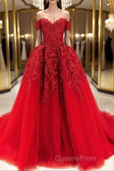 Gorgeous Off Shoulder Red Lace Long Evening Prom Dress, Red Lace Formal Evening Dress, Red Ball Gown