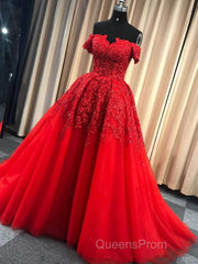 Gorgeous Off Shoulder Red Lace Long Evening Prom Dress, Red Lace Formal Evening Dress, Red Ball Gown