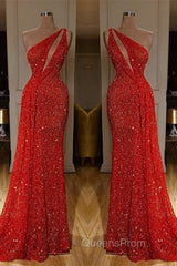 Gorgeous One Shoulder Red Sequins Long Evening Prom Dress