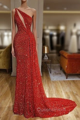 Gorgeous One Shoulder Red Sequins Long Evening Prom Dress