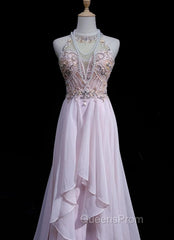 Gorgeous Pink A-Line Tulle High Neck Chiffon Long Beaded Backless Evening Prom Dress Retro Wedding Birthday Dress