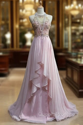 Gorgeous Pink A-Line Tulle High Neck Chiffon Long Beaded Backless Evening Prom Dress Retro Wedding Birthday Dress