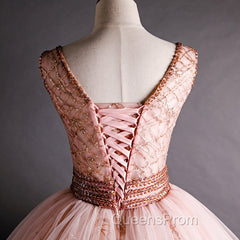 Gorgeous Pink V-neckline Beaded Ball Gown Evening Dress, Pink Sweet 16 Dress