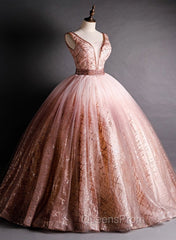 Gorgeous Pink V-neckline Beaded Ball Gown Evening Dress, Pink Sweet 16 Dress