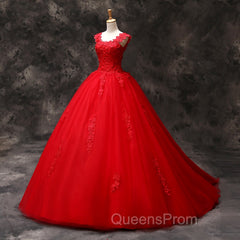 Gorgeous Red Tulle Ball Gown Long Evening Dress with Lace Flowers, Red Sweet 16 Dress