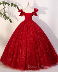 Gorgeous Red Tulle Ball Gown Off Shoulder Sweet 16 Dress, Red Long Formal Dress