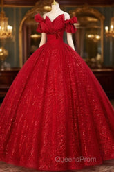 Gorgeous Red Tulle Ball Gown Off Shoulder Sweet 16 Dress, Red Long Formal Dress