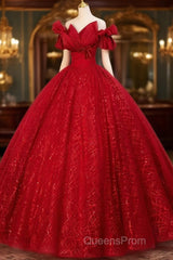 Gorgeous Red Tulle Ball Gown Off Shoulder Sweet 16 Dress, Red Long Formal Dress