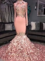 Gorgeous Round Neck Flower Long Sleevess Sequins Mermaid Evening Prom Dress