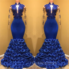 Gorgeous Royal Blue Evening Prom Dress Long Sleevess Evening Gowns with Rose Flowers
